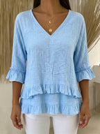 Casual Ruffled V-neck Cotton-linen Blouse Shirt