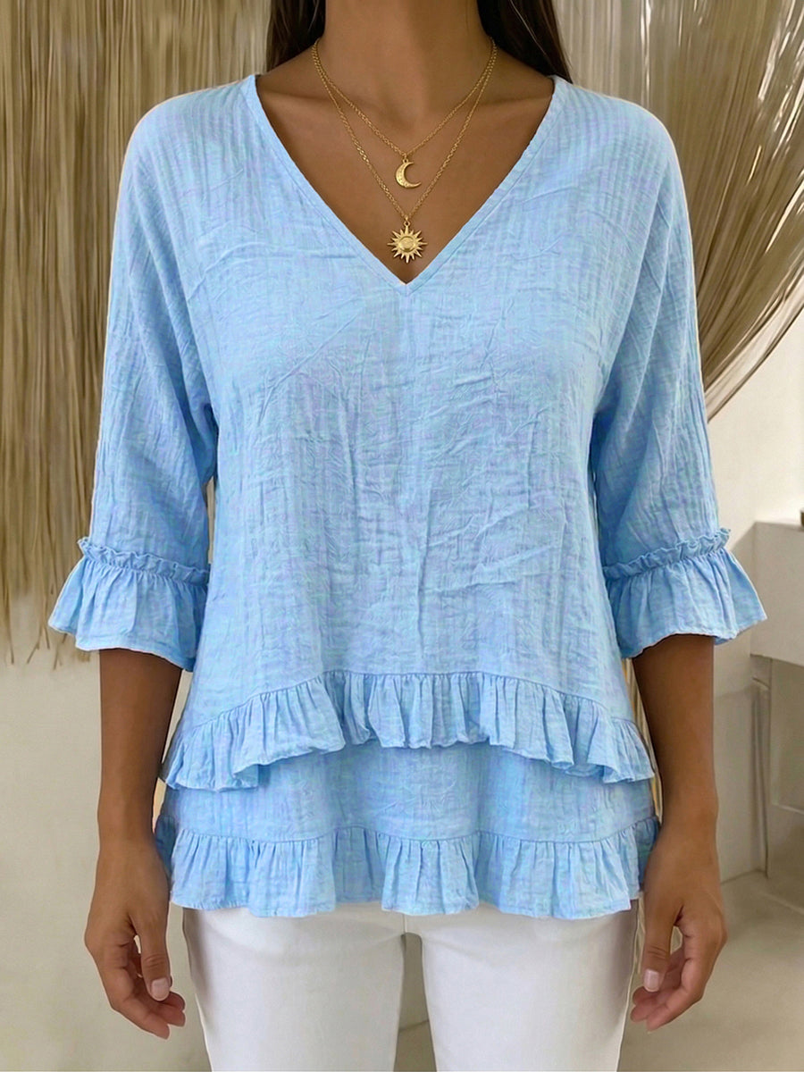 Casual Ruffled V-neck Cotton-linen Blouse Shirt