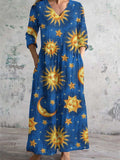 Women's V Neck Spring Summer Moon Painting Art Print Cotton Linen Pocket Dress
