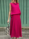 Women'S Casual Solid Color Sleeveless Top And Split Skirt Two-Piece Set