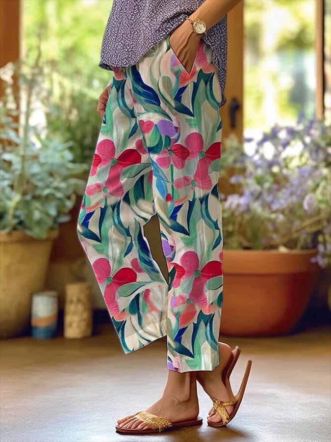 Women's Art Floral Loose  Pockets Casual Pants