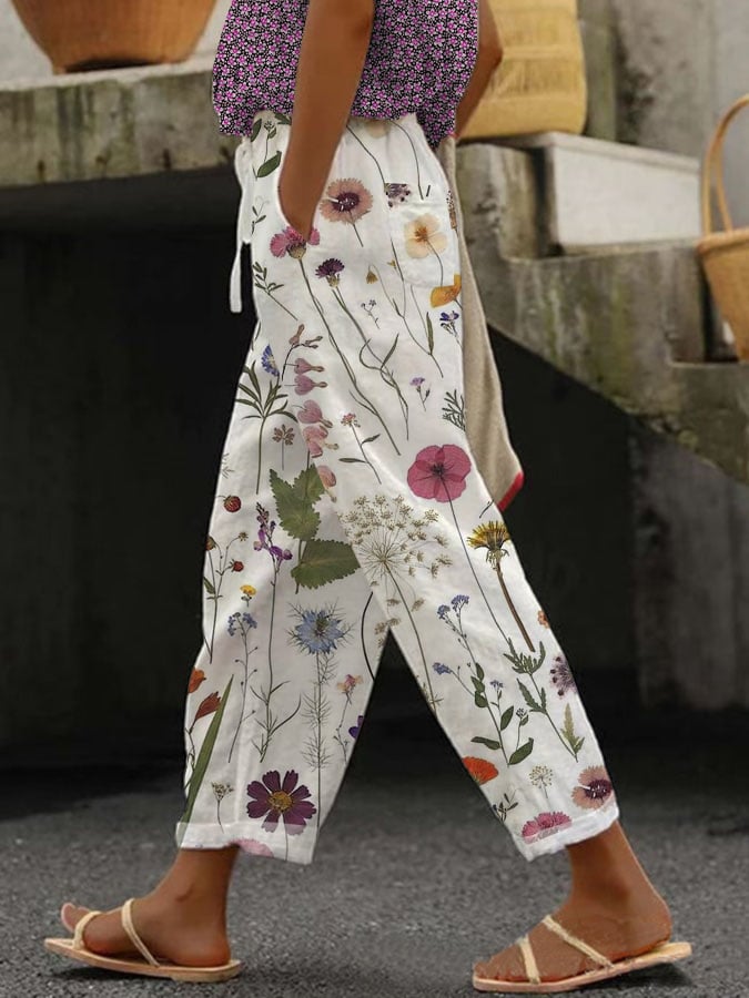 Women's Botanical Floral Design Print Lace-Up With Elastic Waist Loose Casual Pants