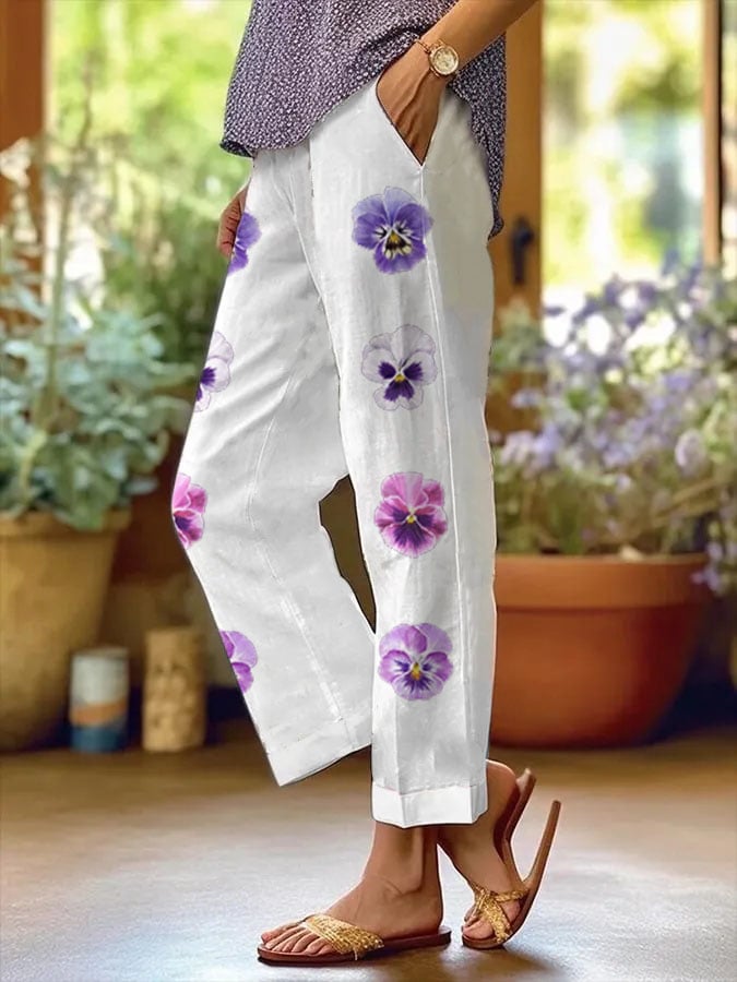 Women's Purple Flower Alzheimer's Awareness Support Casual Pants