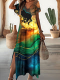 Women's Floral Alcohol Ink Art Print Pocket V Neck Long Dress Maxi Dress