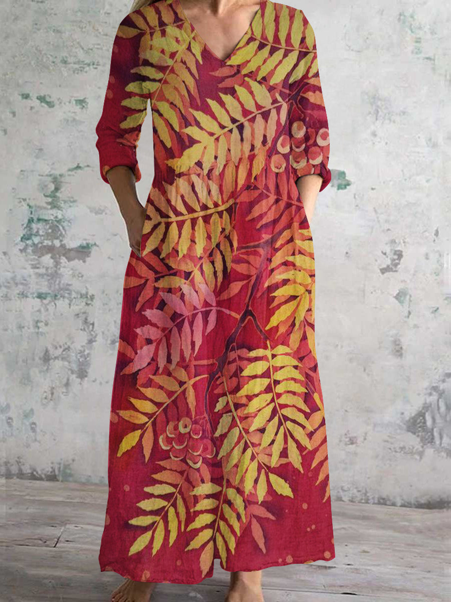 Women's V-Neck Natural Forest Art Print Cotton And Linen Pocket Dress