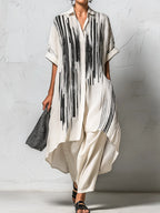 Loose-fit Casual Two-piece Set: Artistic Print Linen & Cotton Long Shirt And Trousers
