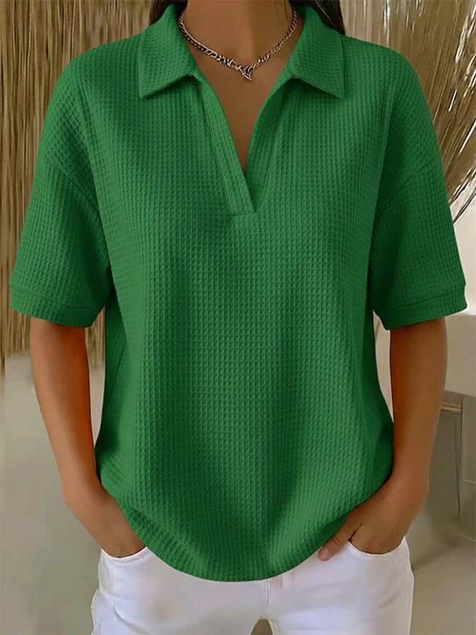 Women'S Casual Solid Color Lapel Short-Sleeved Top