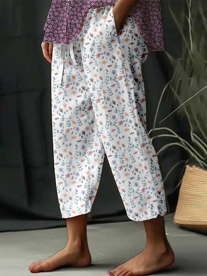 Women's Botanical Floral Design Print Lace-Up With Elastic Waist Loose Casual Pants