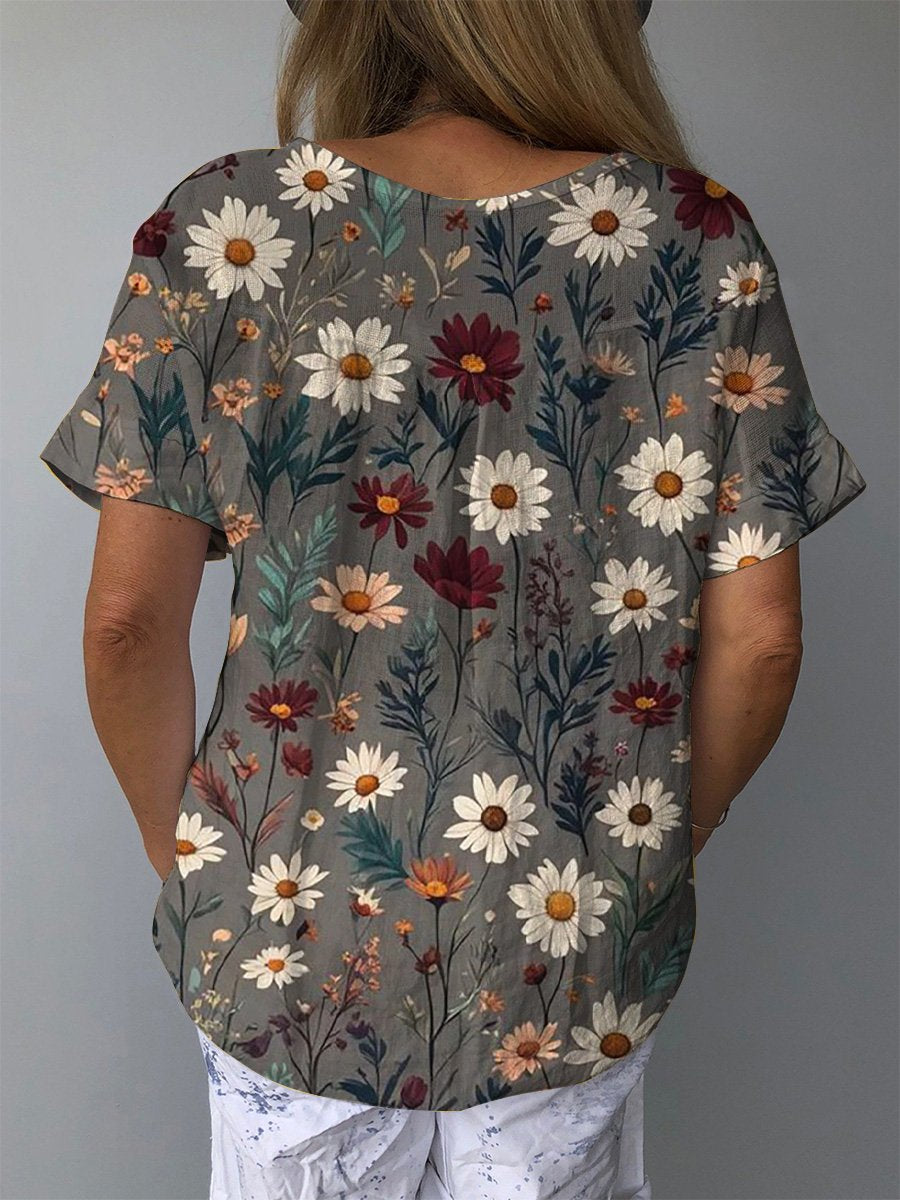 Spring Daisy Field Pattern Printed Women's Casual Cotton And Linen Shirt