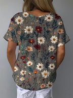 Spring Daisy Field Pattern Printed Women's Casual Cotton And Linen Shirt