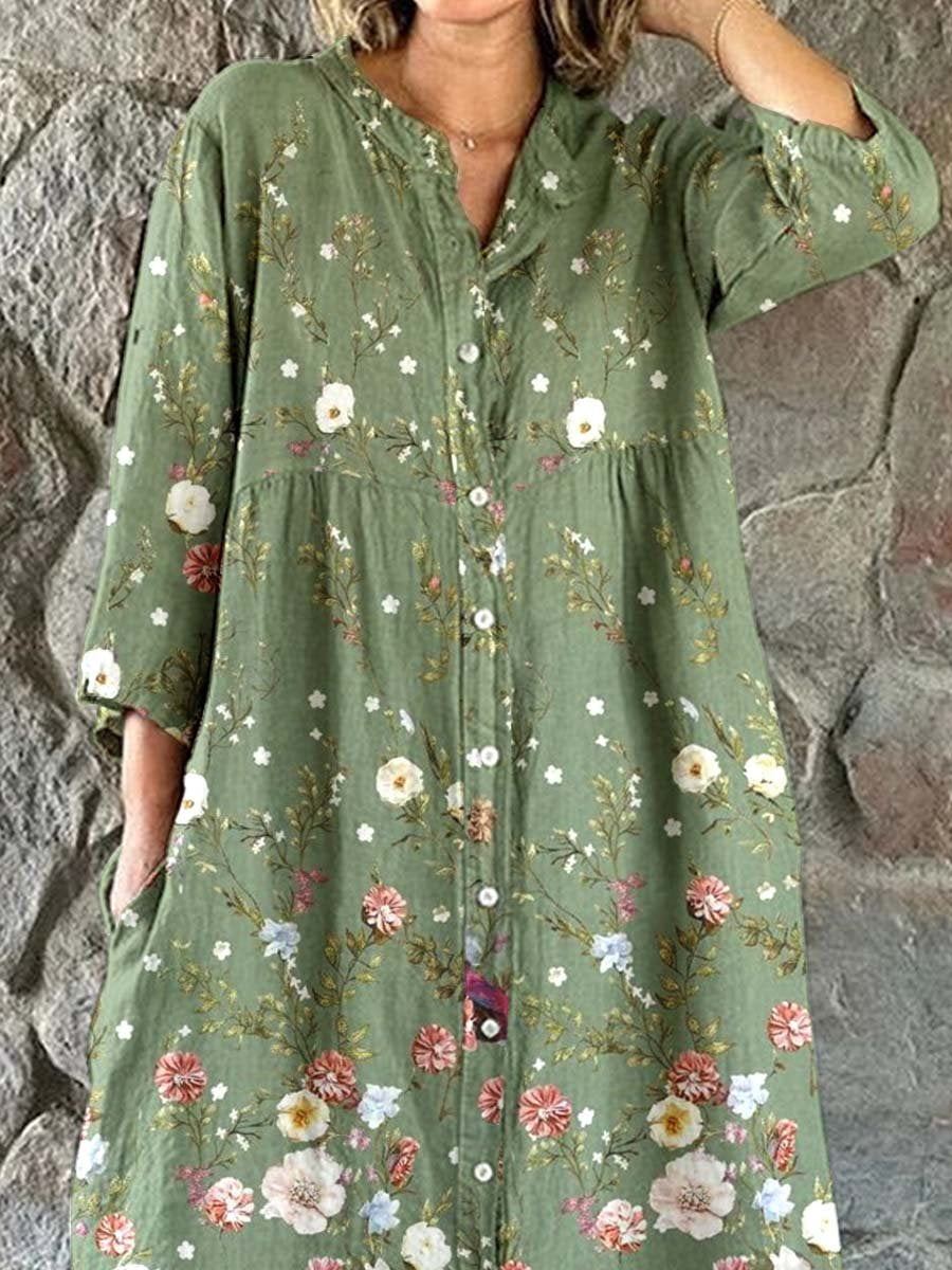 Women's Elegant  Floral Shirt Style Cotton and Linen Dress