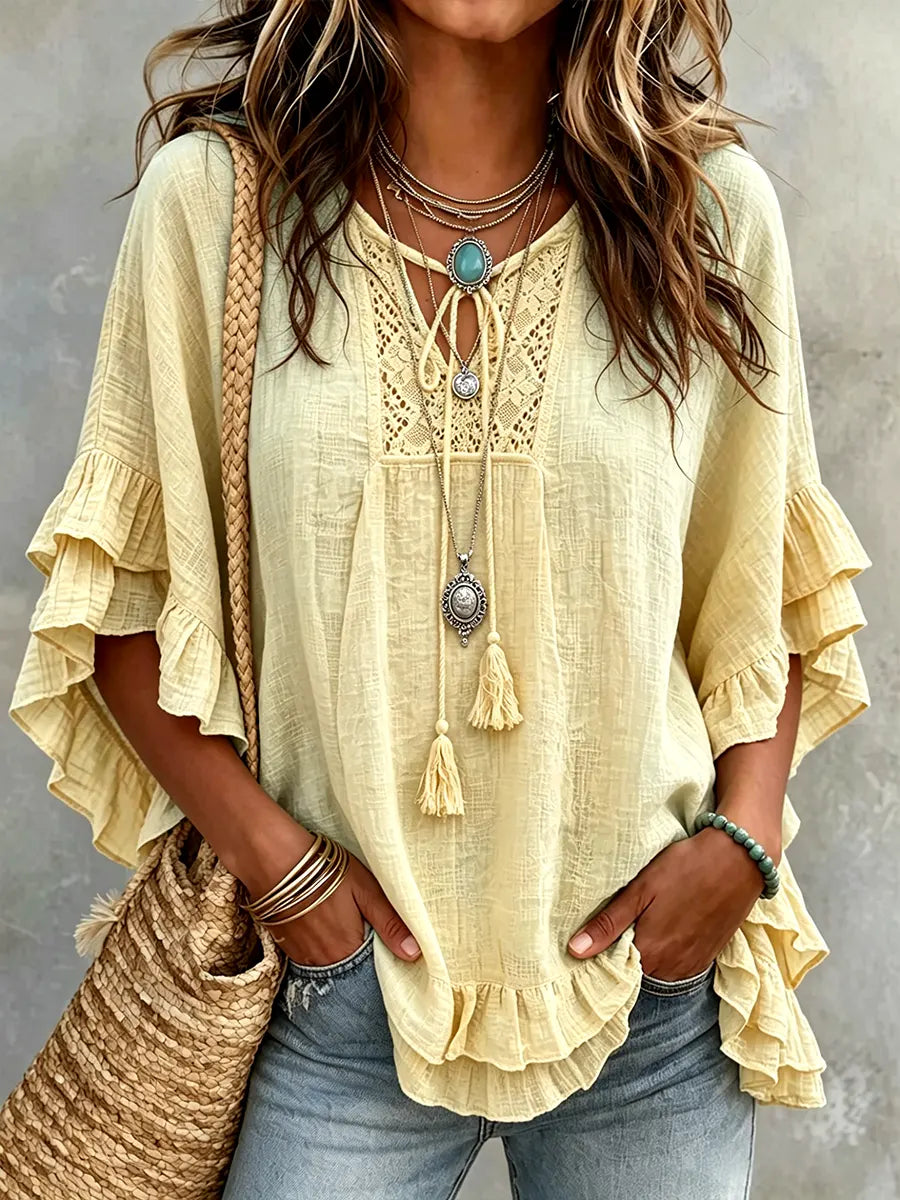Off-the-shoulder Stylish Loose-fit Cotton Top With Ruffles And V-neck