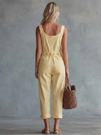 Casual Yellow Square-Neck Jumpsuit with Front Zipper