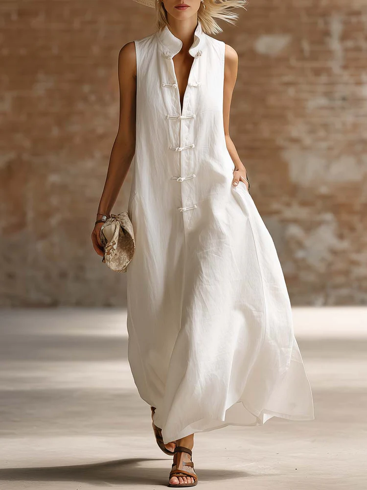 Stylish Stand-up Collar Frog Buttons Loose Linen-cotton Maxi Dress
