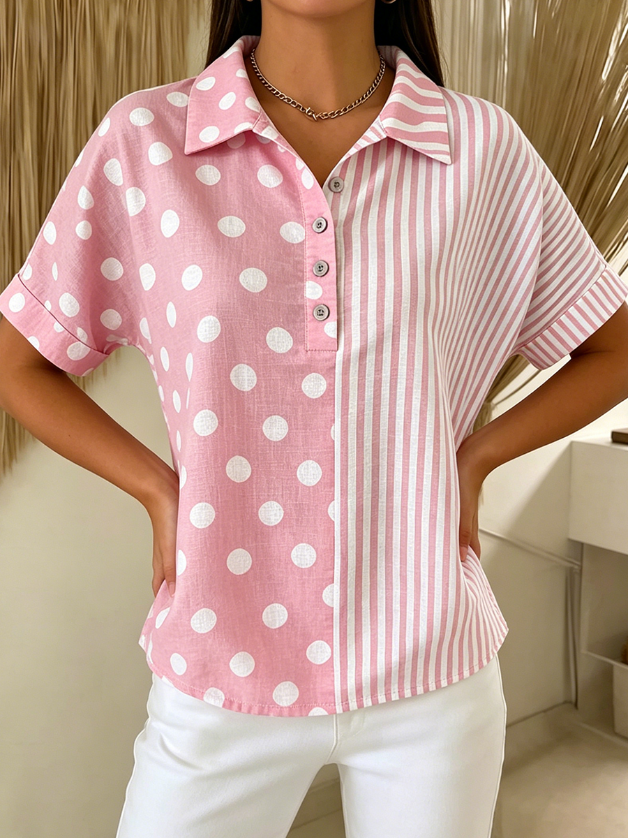 Artistic Polka Dot & Stripe Cotton-linen Blouse