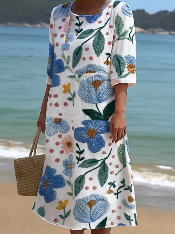 Women's Casual  Round Neck Mid Sleeve Print Cotton and Linen Dress