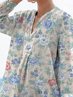 Vintage Style Tranquil Spring Garden Pattern Printed Women's Casual Linen V-Neck Shirt