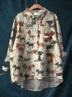 Women's Kid Drawing Art Dog Art Print Casual Cotton And Linen Shirt