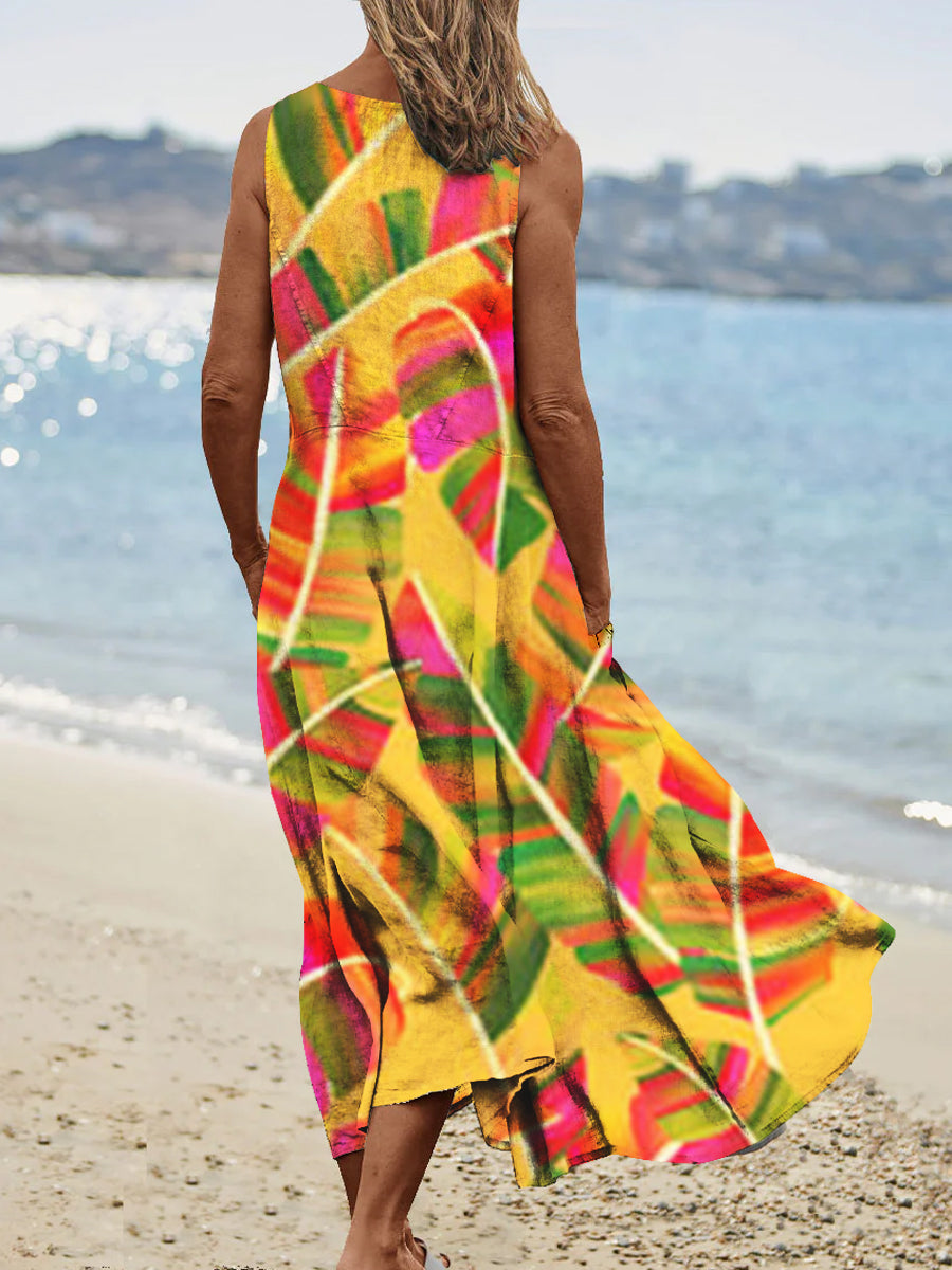 Women's Vintage Colorful Banana Leaf Pattern Round Neck Dress