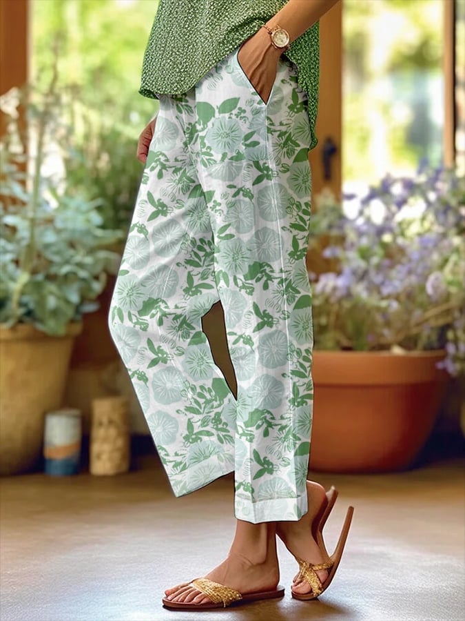 Women's Botanical Floral Design Loose Pocket Patchwork Casual Pants