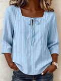 Women's Striped Print Square-neck 3/4-sleeve Casual Loose Cotton-linen Top