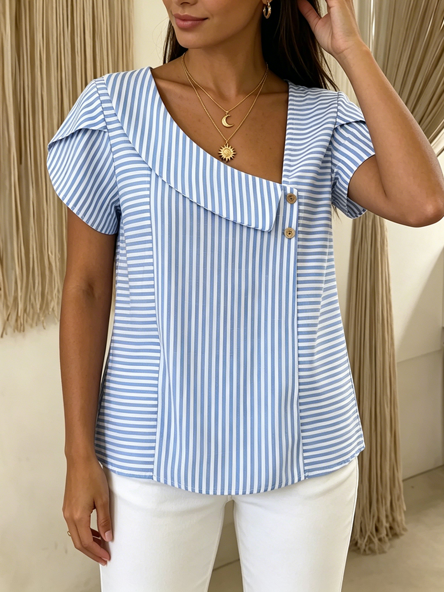 Artistic Cut Striped Cotton-linen Polo Collar Shirt Blouse