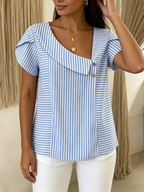 Artistic Cut Striped Cotton-linen Polo Collar Shirt Blouse