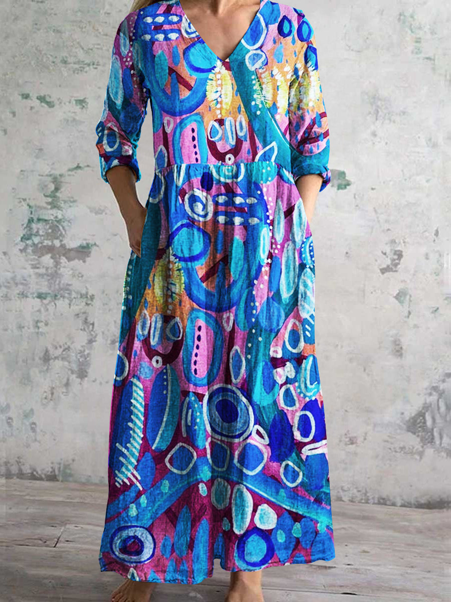 Women's V-Neck Vintage Irregular Painted Pattern Long Sleeve Dresses