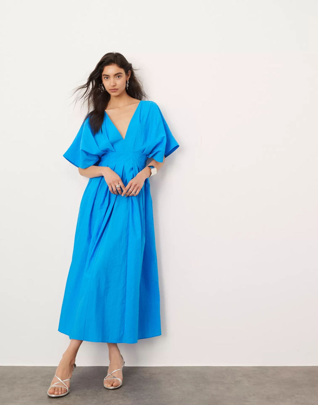 Antibes Linen Blend Princess Line Pleated Wide Puff Sleeve Midi Dress