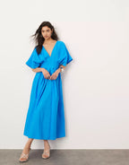 Antibes Linen Blend Princess Line Pleated Wide Puff Sleeve Midi Dress