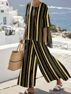 Women'S Loose Slit Contrast Striped Pants Set