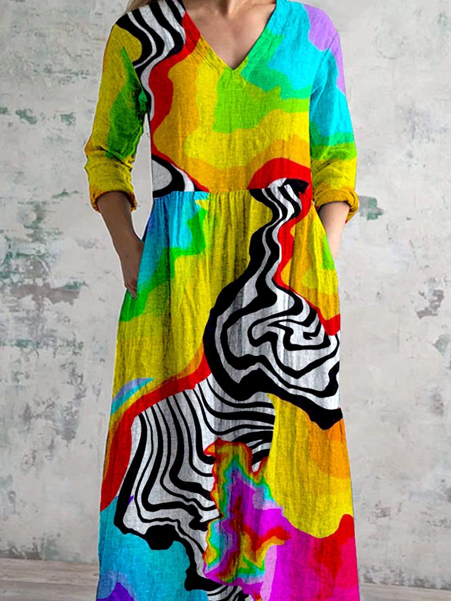 Women's Art Rainbow Zebra Stripe Print V-Neck Cotton and Linen Dress