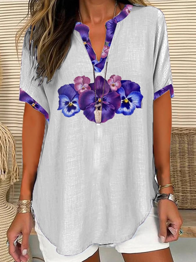 Women's Pansy Print V-Neck Loose Short Sleeve Shirt