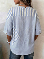 French Lazy Style Striped Color-block Patchwork Half-sleeve Top