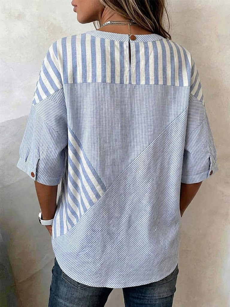 French Lazy Style Striped Color-block Patchwork Half-sleeve Top