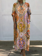 Women's Vintage Lovely Floral Art Print Pocket Cotton Dress