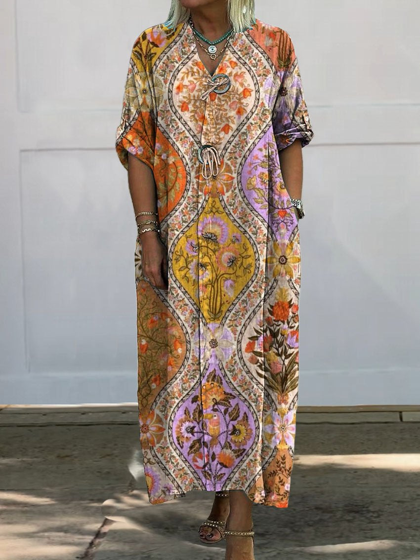 Women's Vintage Lovely Floral Art Print Pocket Cotton Dress