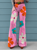 Women's Vintage Floral Print Mid-Rise Button-Hem Bootcut Pants (Without Belt)