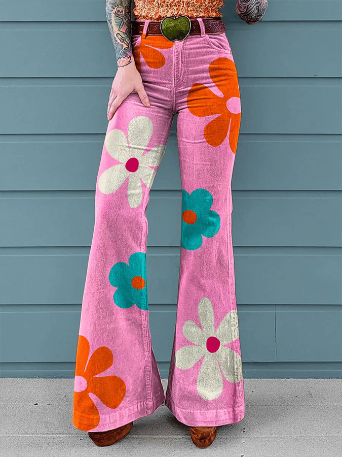 Women's Vintage Floral Print Mid-Rise Button-Hem Bootcut Pants (Without Belt)