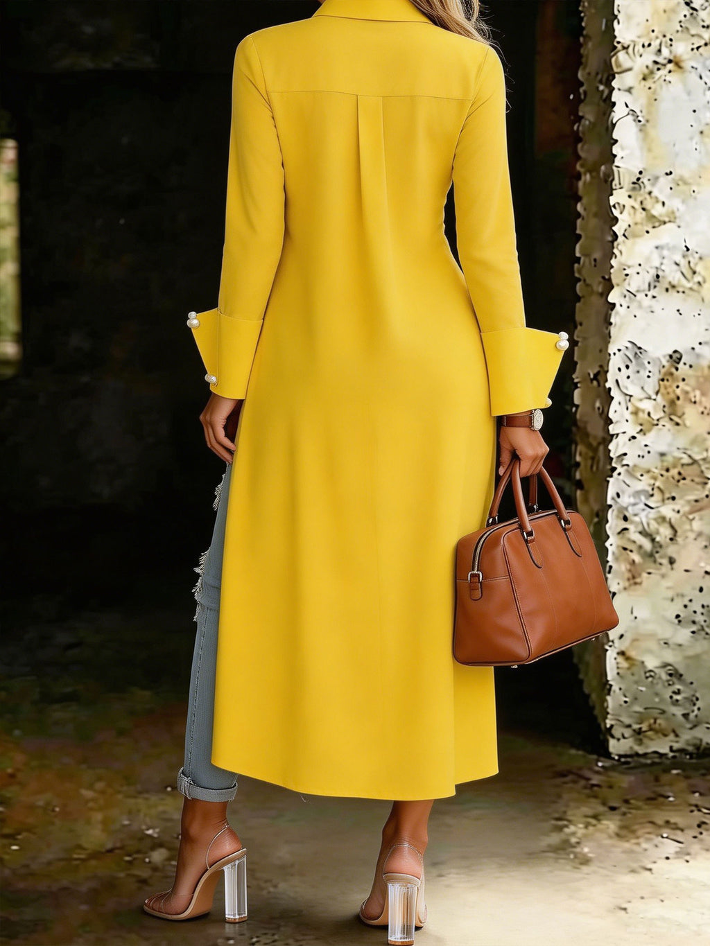 Women's Solid-color Fashionable Asymmetrical Slit Design Long Sleeve Shirt Dress
