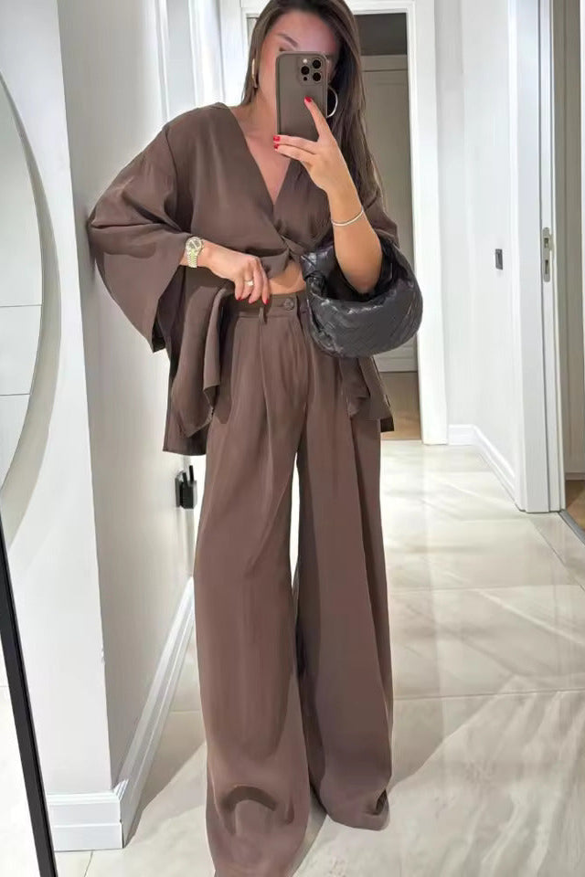 Casual V-neck loose long-sleeved top high waist trousers two-piece suit