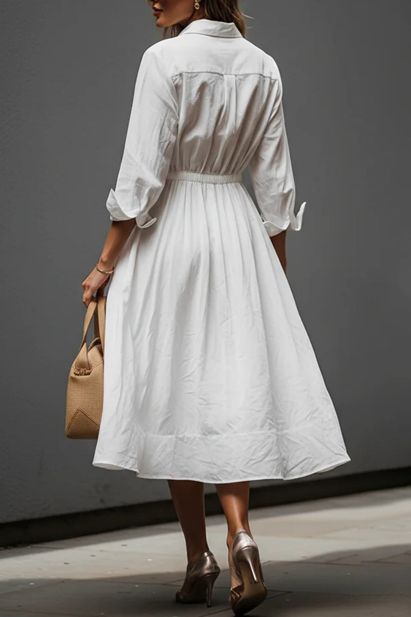 Women's White Linen Dress With Shirt Collar & Elastic Waist, Timeless Effortless-Chic Style Dress