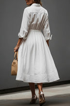 Women's White Linen Dress With Shirt Collar & Elastic Waist, Timeless Effortless-Chic Style Dress