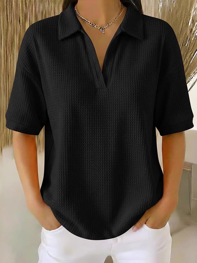 Women'S Casual Solid Color Lapel Short-Sleeved Top