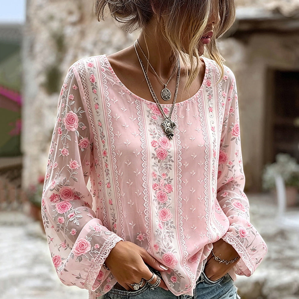 Vintage Pink Floral Art Round Neck Cozy Linen T Shirt