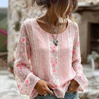 Vintage Pink Floral Art Round Neck Cozy Linen T Shirt