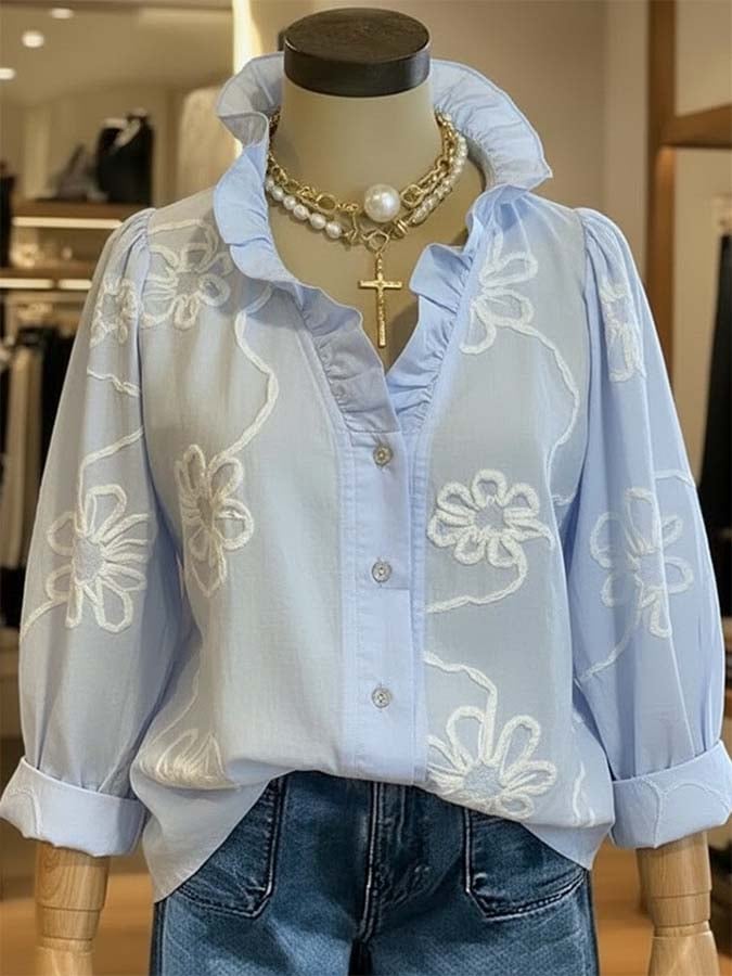 Women'S Casual Embroidered Ruffle Shirt