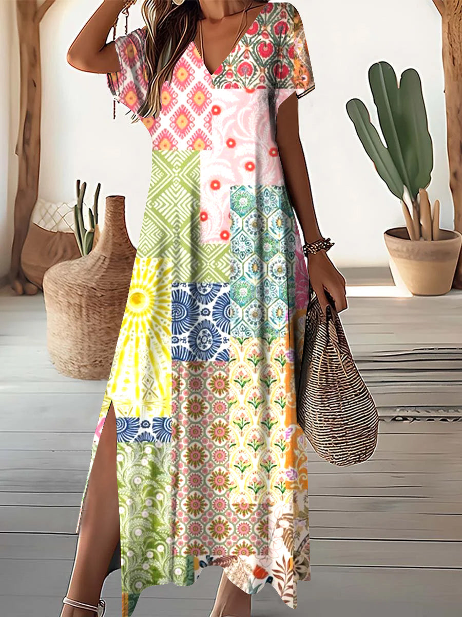 Women's V-neck Vintage Patchwork Ethnic Pattern Dress