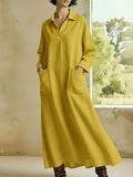Women'S Casual Lapel Loose-Fitting Long-Sleeved Dress With Pockets