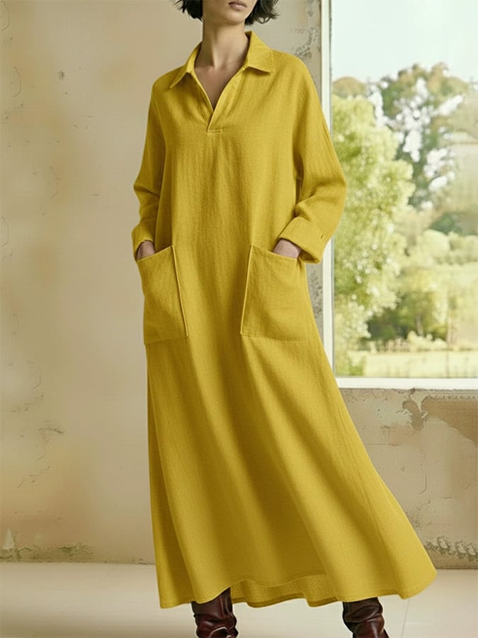 Women'S Casual Lapel Loose-Fitting Long-Sleeved Dress With Pockets